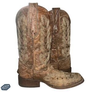 Corral Boots Women’s Metalic Cognac Stitching & Studs Square Toe Western Boots